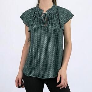 💙3 for $15 CeCe Turquoise Sheer Ruffled Short Sleeve Patterned Blouse